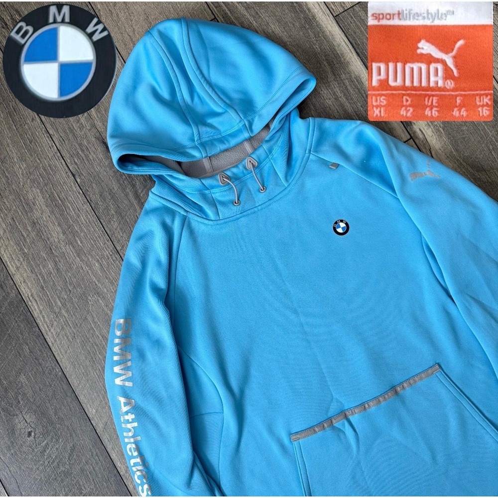 Y2K BMW x Puma Athletics Blue Pullover Fleece Hoodie Thumbhole Cuffs XL 508508